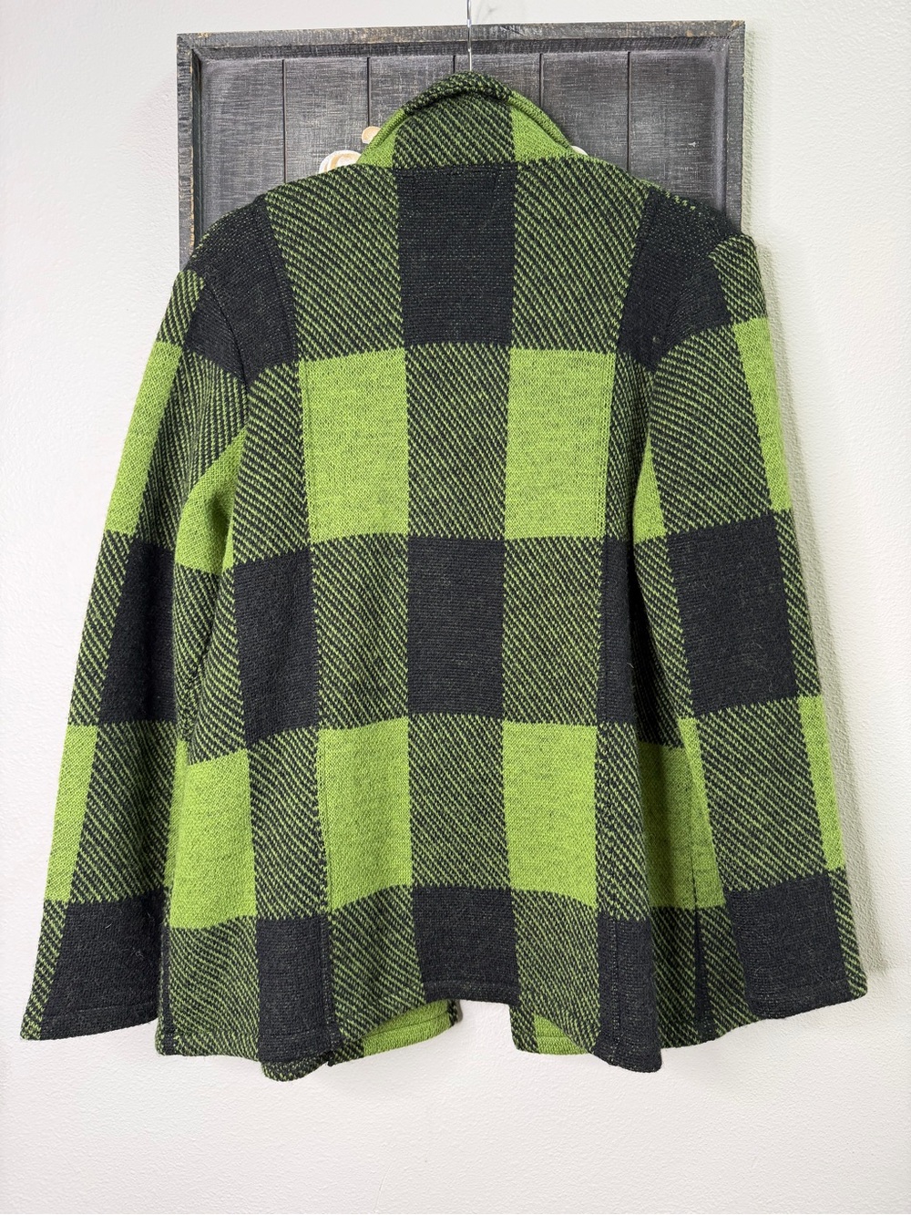 Vintage Keren Hart 100% Wool Green Buffalo Plaid l Double-Breasted Peacoat - S - Picture 3 of 8